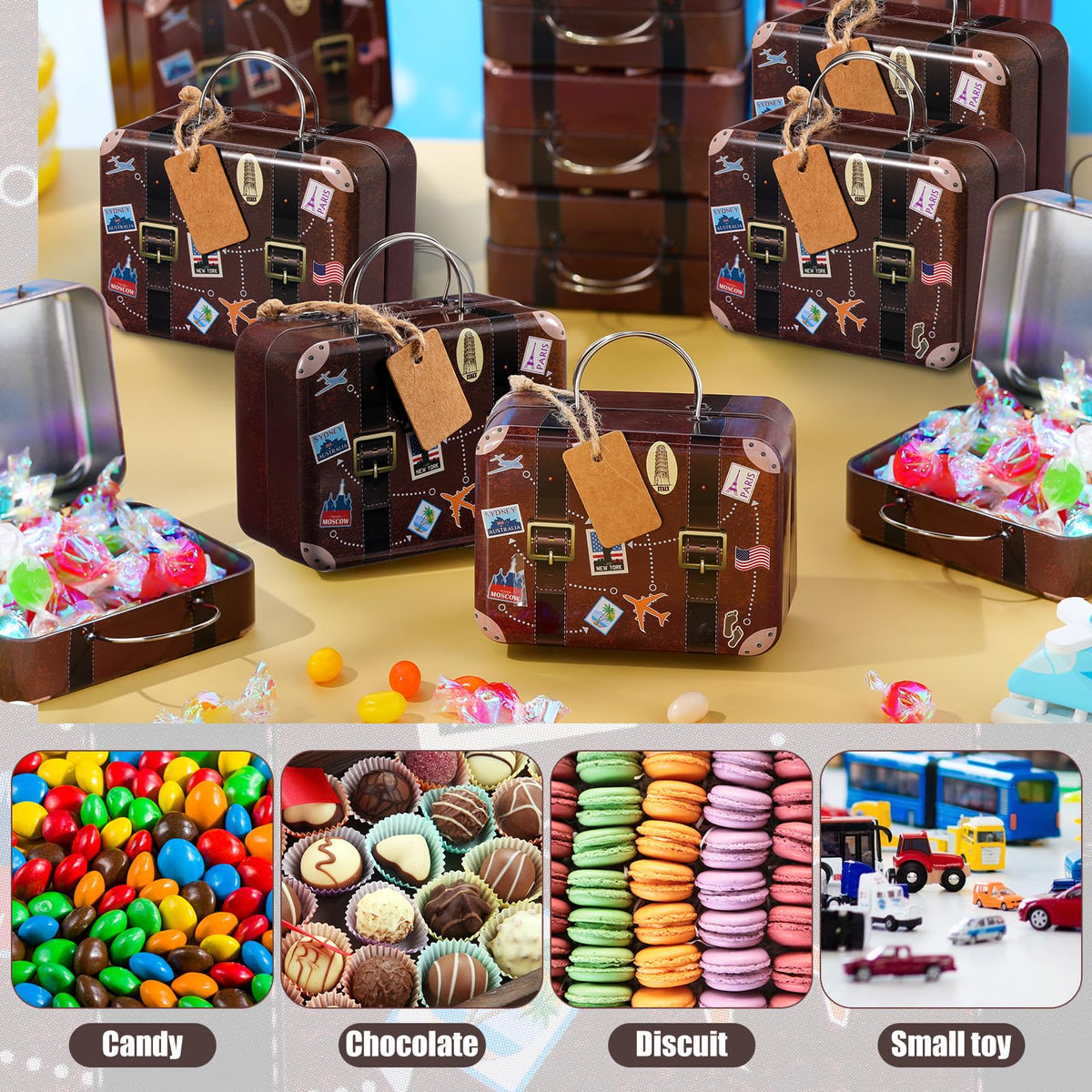 RimCereal 24 Pieces Mini Suitcase Party Favor Boxes Mini Luggage Gift Suitbox Small Travel Candy Tin Suitcase with Handle, Label and Twine for Travel Themed Party Bridal Shower Wedding Decoration