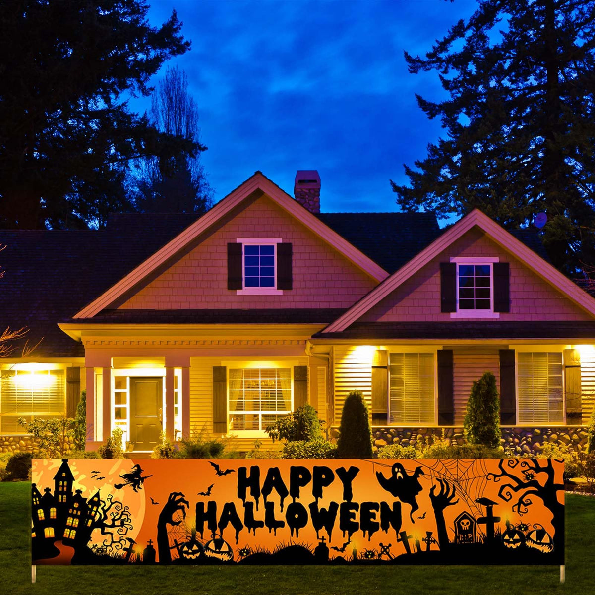 Avezano Happy Halloween Banner Large 98.4 x19.6 Inch Yard Sign Banner Black and Orange Halloween Party Decorations Welcome Hanging Flag Outdoor Fence Garage Garden Porch Holiday Backdrop