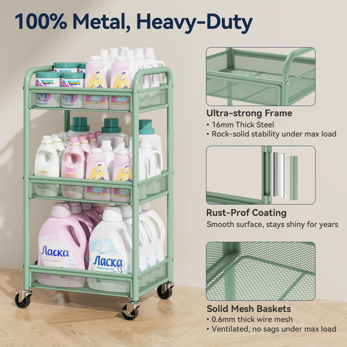 YASONIC 3 Tier Rolling Cart – Metal Utility Storage Carts with Wheels, Craft Carts Organizer with Hanging Cups, Hooks, Mesh Basket for Bedside Kitchen Office Art, Green
