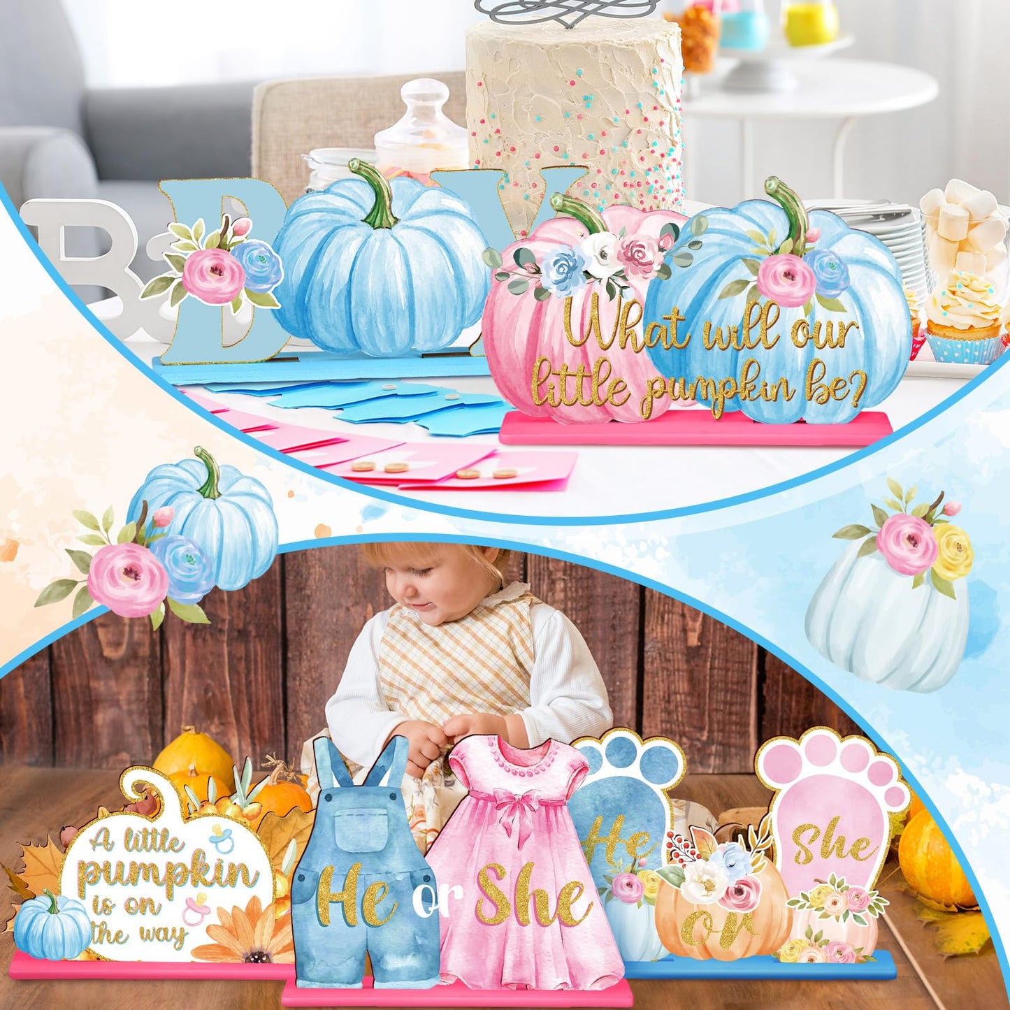 DoubleFill 6 Pcs Fall Little Thanksgiving Pumpkin Decorations Gender Reveal Party Table Centerpieces is on The Way Table Decor Boy Girl Toppers for Autumn Home He or She Party(Pink and Blue,Cute)