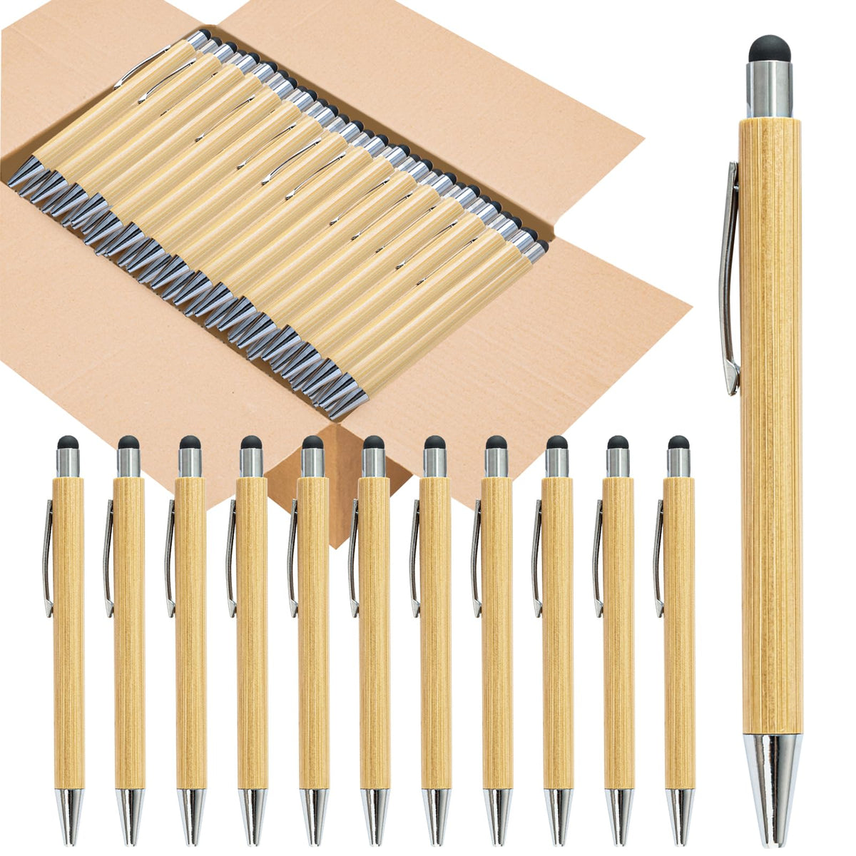 lyforx 250 Pack Bamboo Pens Bulk with Touch Stylus Tip Wooden Bamboo Pens Engraving Wooden Ballpoint Pen Customizable Gift Pen Bulk