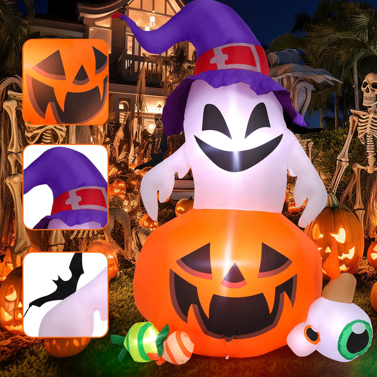 5FT Halloween Inflatable Outdoor Decoration Pumpkin Ghost with Built-in LEDs Blow Up for Halloween Party Holiday Indoor Outdoor Garden Lawn Yard Decorations