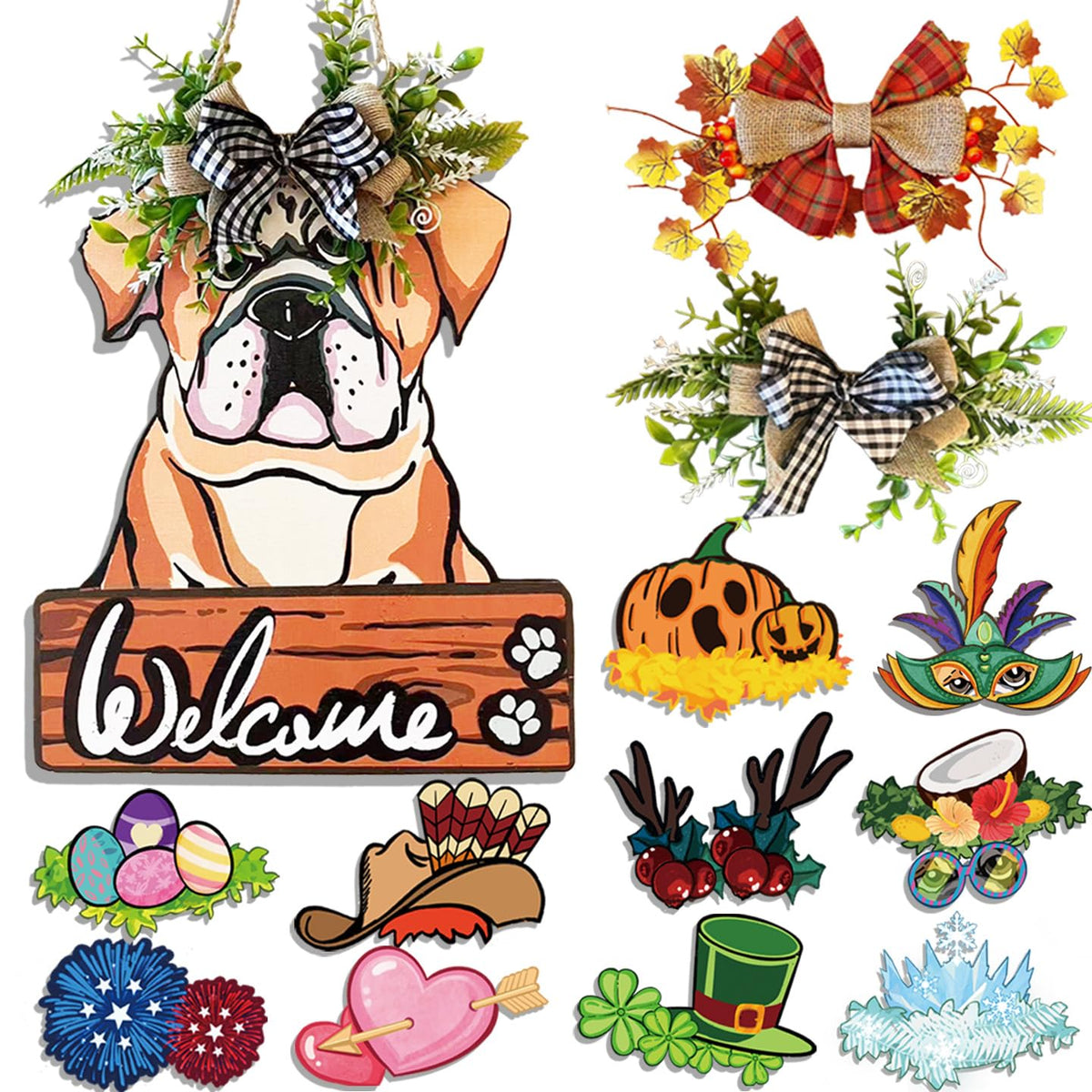 FelyHos Interchangeable Bulldog Welcome Sign, Wooden Seasonal Door Hanger with 12 Interchangeable Decorations, Cute Dog Welcome Plaque for Front Door Porch Wall, Holiday Home Decor Gift