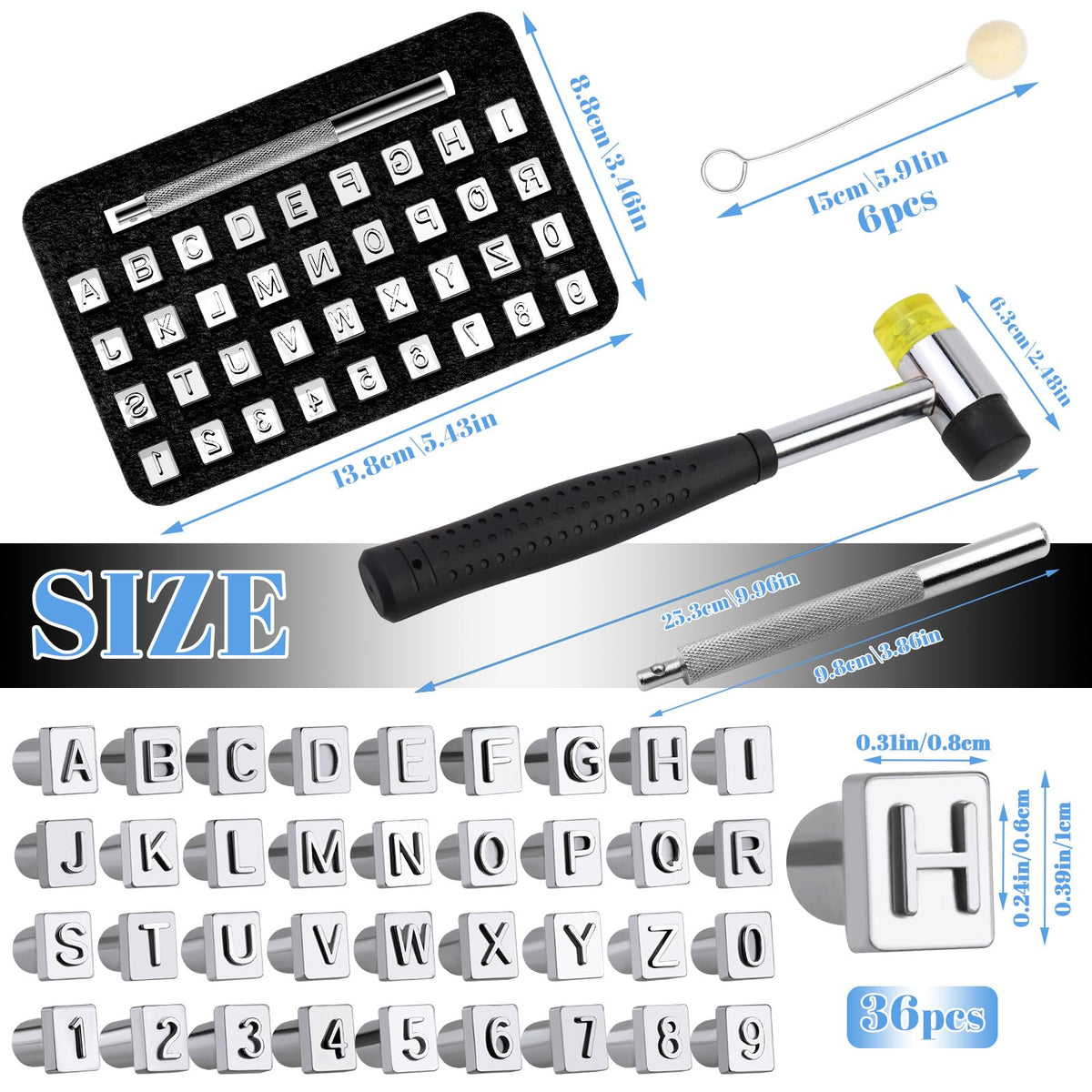 36 Pcs Leather Letter Stamping Kit, 6mm Leather Letter Stamps, Leather Stamping Tools, with 6 Wool Daubers Ball Brush Rubber Hammer for DIY Leather Crafts