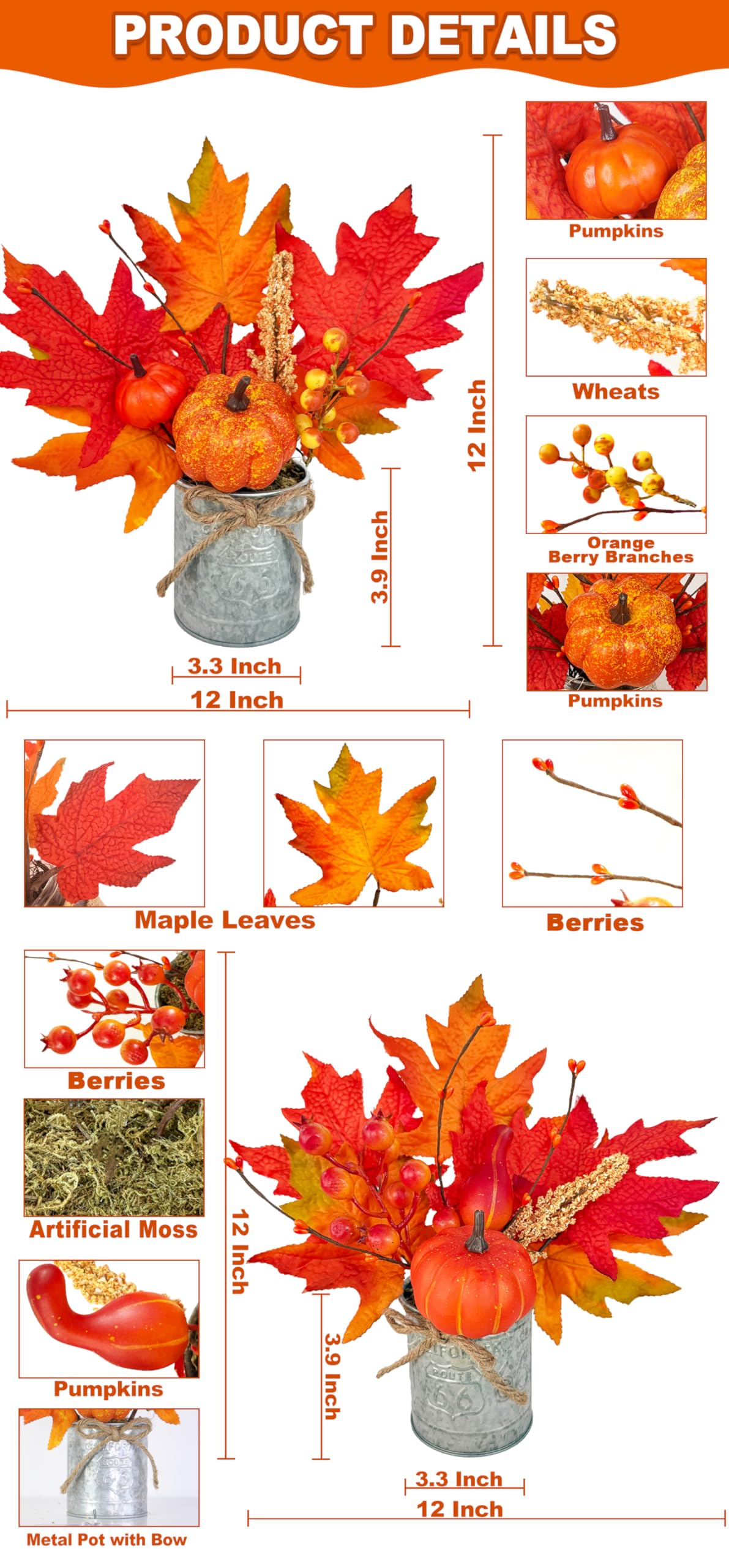 2 Pack 12" Fall Decorations for Home Fall Table Centerpieces Fall Arrangements Maples Leave Pumpkin Berried Wheat Realistic Moss in Metal Pots Thanksgiving Decorations for Home Kitchen Table Farmhouse