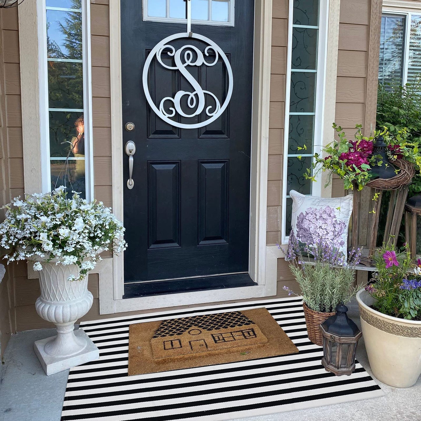 Black and White Striped Outdoor Rug Halloween Door Mat 27.5" x 43" Front Porch Rug Farmhouse Fall Layered Door Welcome Mat for Entryway/Home Entrance/Laundry Room