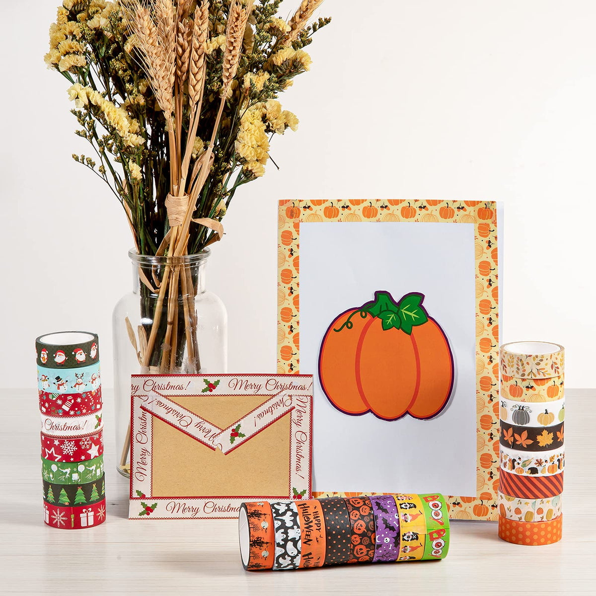 Whaline 24 Rolls Fall Halloween Christmas Washi Tape 3 Holidays Masking Tape Leaves Pumpkin Ghost Snowflake Santa Decorative Tapes for Thanksgiving Autumn Winter Xmas Scrapbook Journal DIY Art Craft
