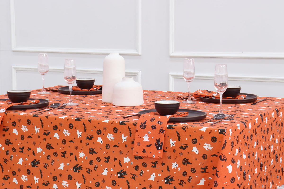 PurpleEssences Orange Black Halloween Tablecloth, Rectangle Halloween Party Tablecloth Decoration, 60x104 Inch Machine Washable Cotton Table Cover, Haunted House