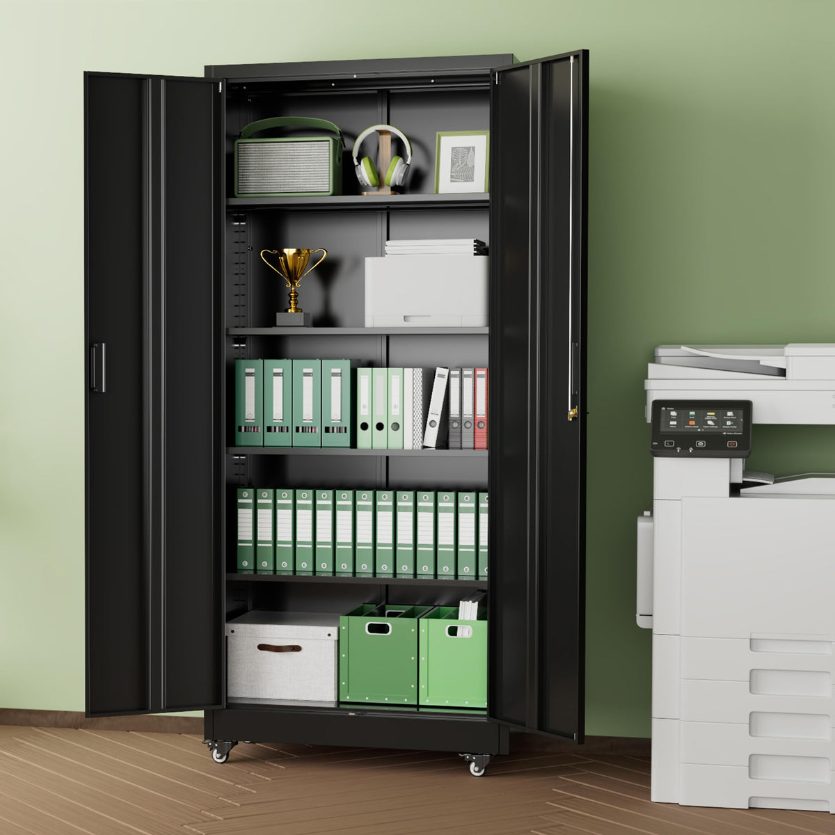 INTERGREAT 73" H Metal Storage Cabinet with Wheels, Locking Doors and Adjustable Shelves, Black Rolling Steel Tool Cabinet for Home Office, Garage, Warehouse