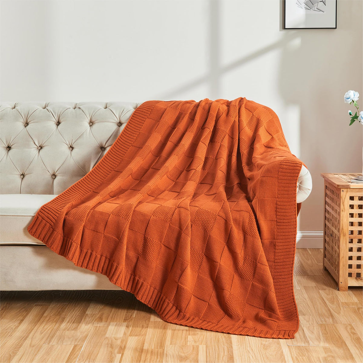 CozeCube Check Knit Throw Blanket, Rust Orange Checkered Throw for Couch, Decorative Christmas Soft Cozy Warm Knitted Blanket for Bed Sofa Living Room, 50"X60"