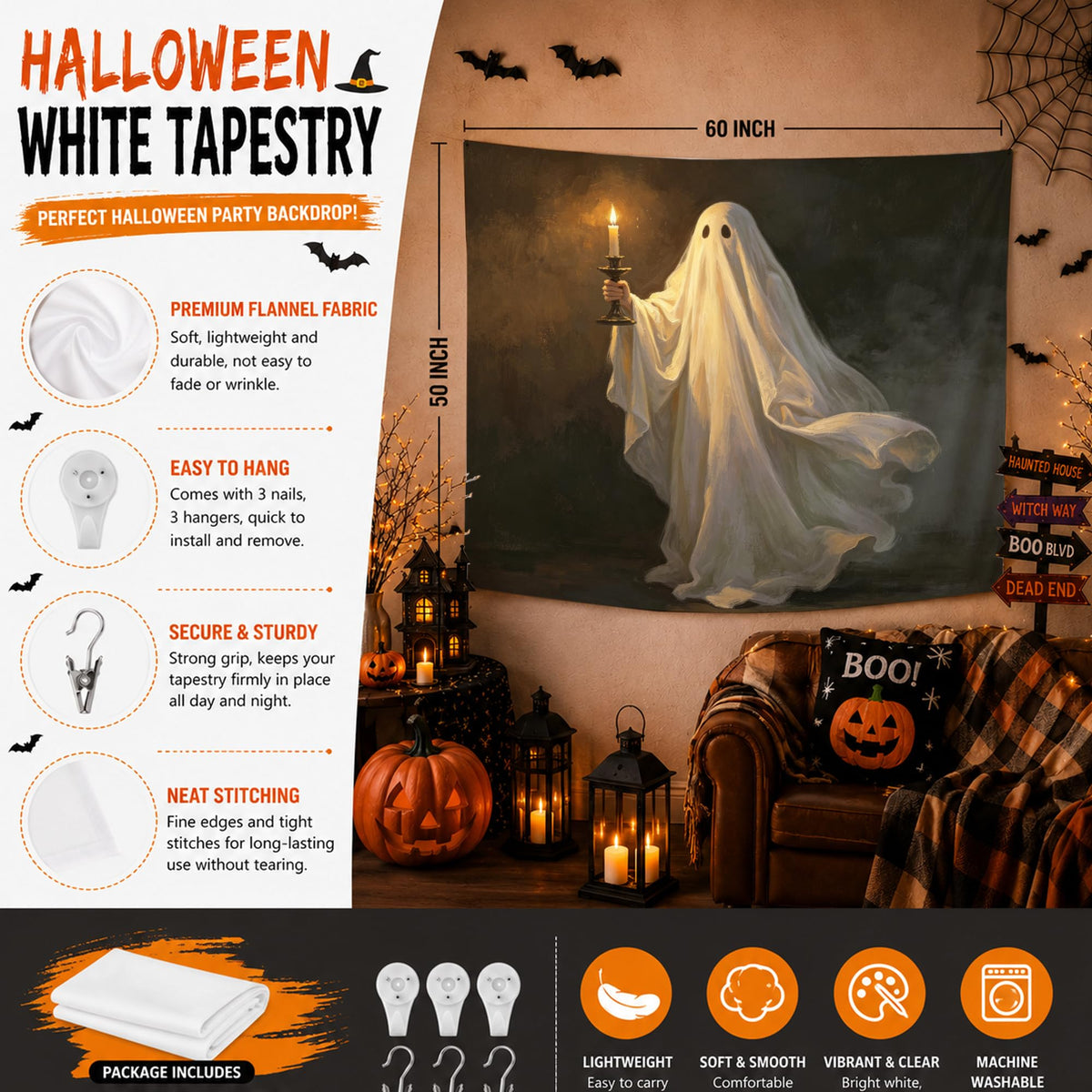 YTRGI YTRG Halloween Tapestry, Dark Academia Spook Ghost Tapestries Wall Hanging for Bedroom, Gothic Ghost Holding Candle Tapestry Wall Decor Backdrop for Living Room Home, 50x60 Inch