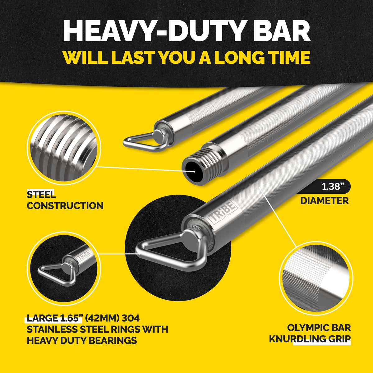 Tribe Lifting Resistance Band Bar - Heavy Duty Steel Bar for Resistance Bands - Resistance Bands Bar 3-Section Adjustable 39 to 27 Inch - Ball Bearing Swivel - Portable Home Gym Workout