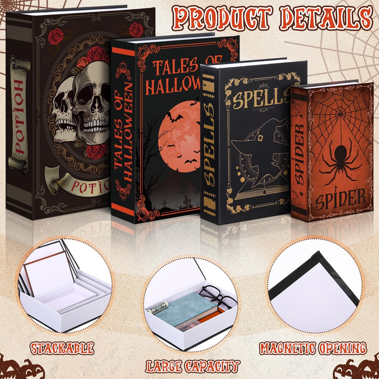 Sabary Set of 4 Decorative Books Boxes Faux Books Stacked for Coffee Tables Modern Home Bookshelves DIY Crafts Decor (Skull Style)
