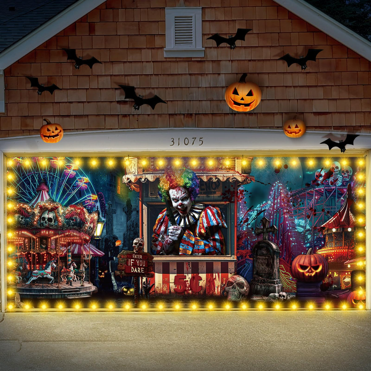 Ganeen 7x16 ft Halloween Garage Door Banner Large Rustic Garage Banner Cover Halloween Backdrop with LED String Light Holiday Vinyl Cover Door Decoration(Evil Circus)