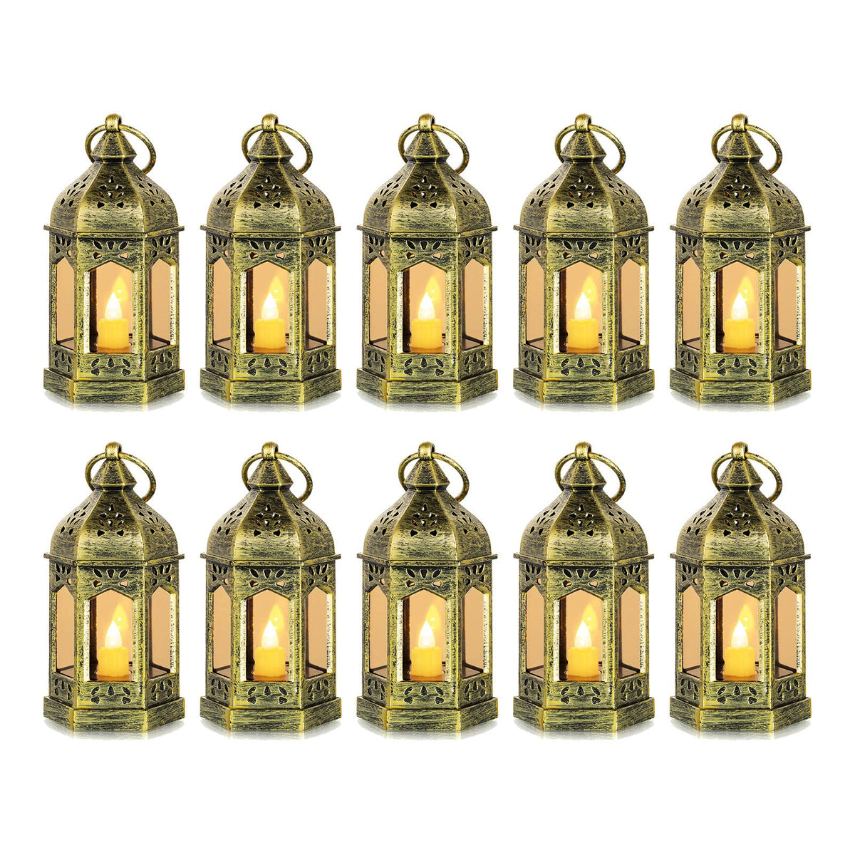 Romadedi Mini Lanterns Decorative for Centerpiece: 10pcs Hanging Small Gold Lantern Bulk with Flickering LED Candles for Wedding Decor Party Table Decorations Christmas Halloween, Batteries Included