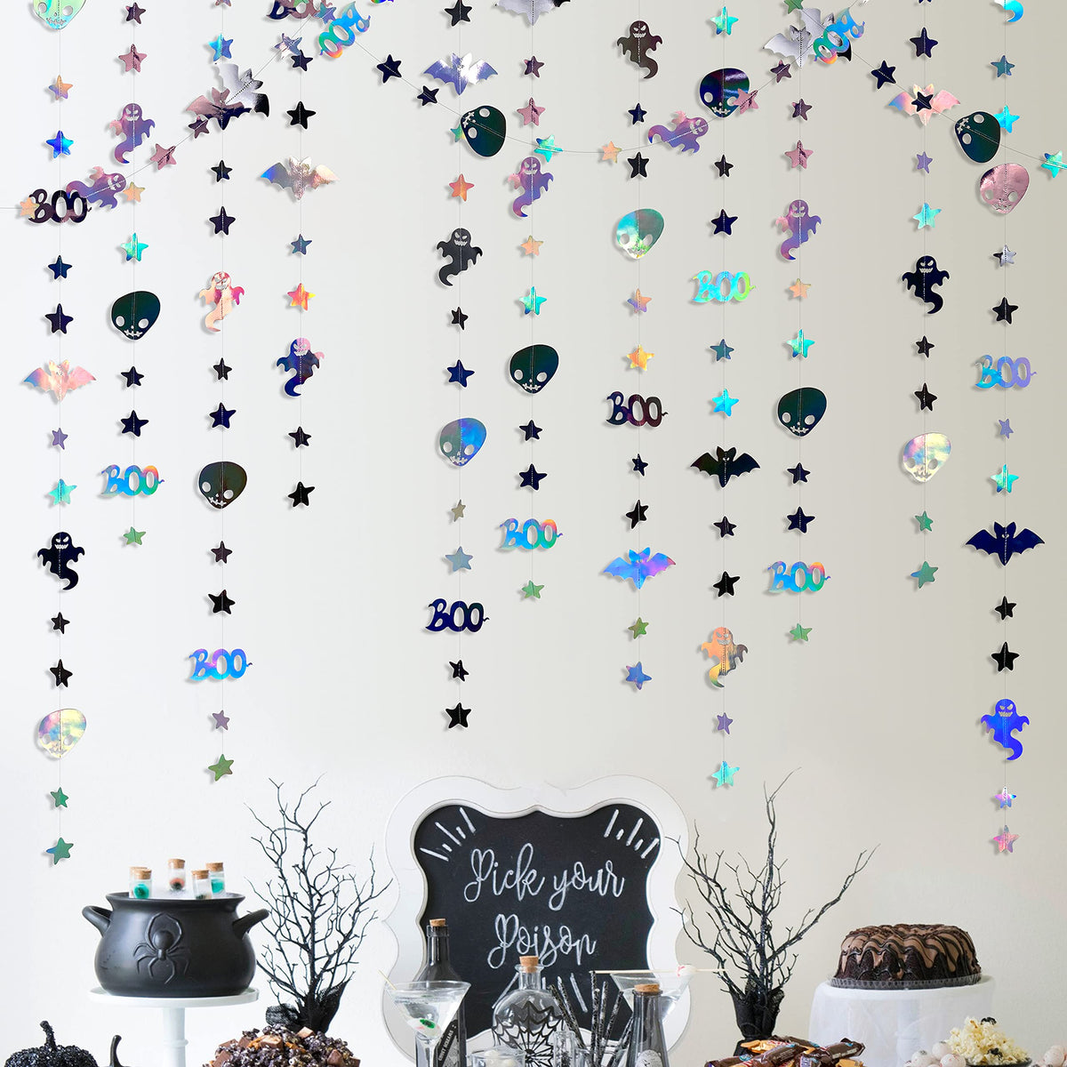 52 Feet Halloween Party Decorations Garlands Streamer BOO Sign Ghost Bat Skull Star Hanging Paper Banner Bunting in Iridescent Black Silver for Halloween All Hallows Eve Birthday Home Party Supplies
