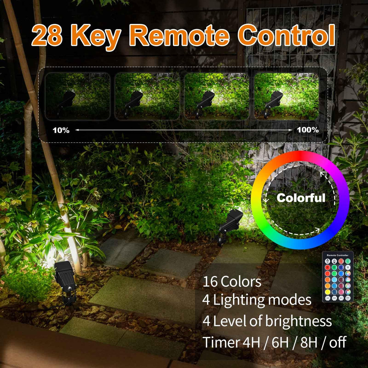 TENSUL Christmas Spotlight 10W LED Color Changing Outdoor Hallowmas Spot Lights Timer Remote IP65 Waterproof RGB Metal Case Spotlights with Stake Stand for Yard Garden Lawn House, 2 Lights
