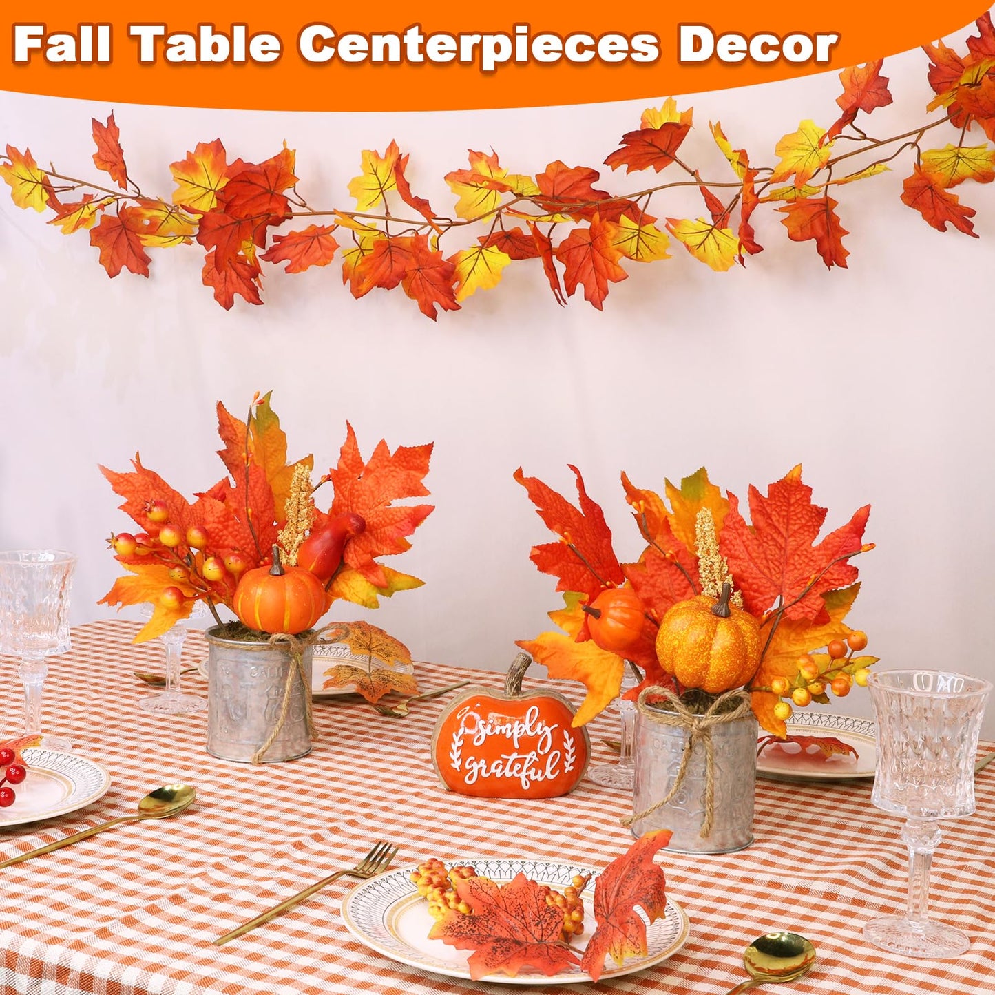 2 Pack 12" Fall Decorations for Home Fall Table Centerpieces Fall Arrangements Maples Leave Pumpkin Berried Wheat Realistic Moss in Metal Pots Thanksgiving Decorations for Home Kitchen Table Farmhouse