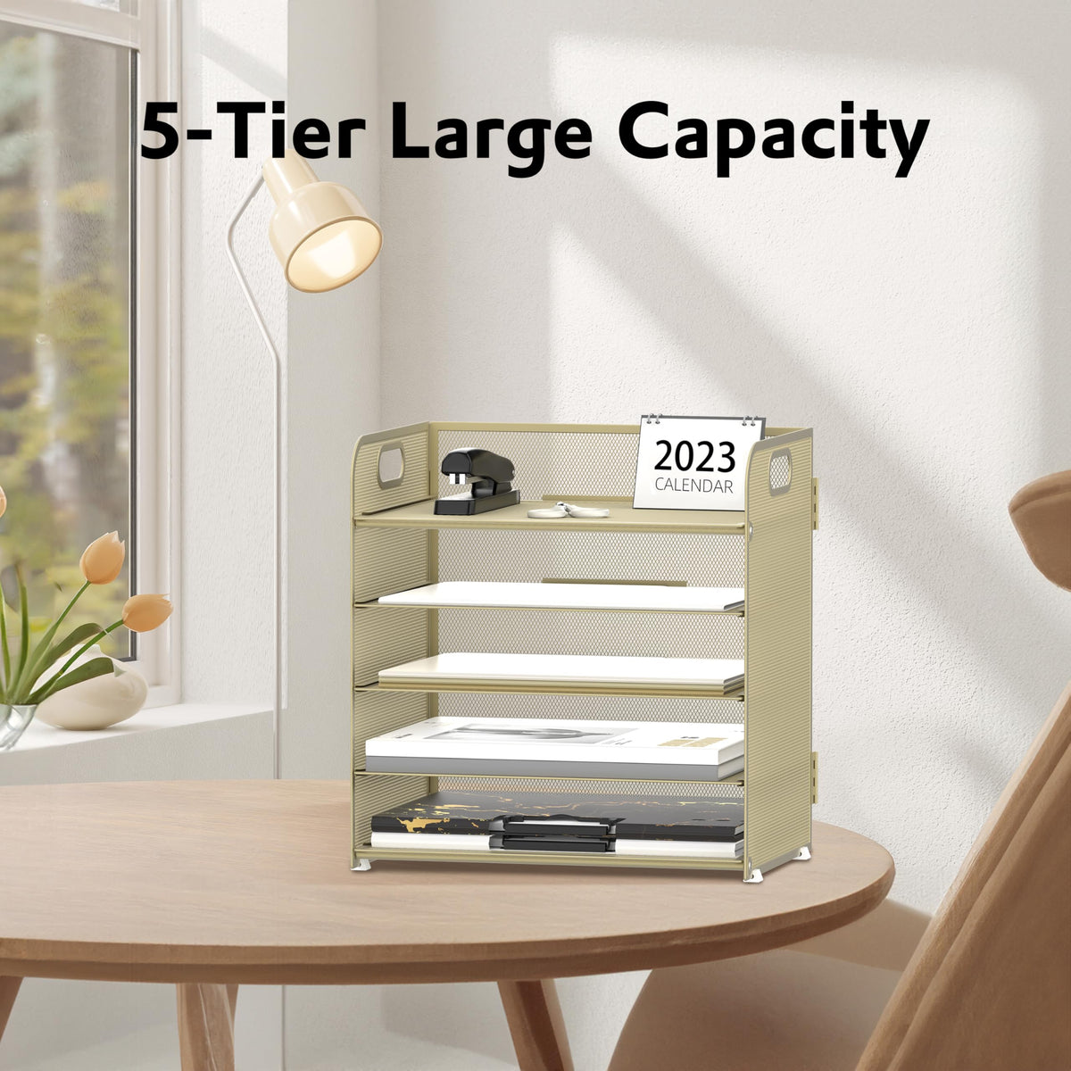 Supeasy 5 Trays Paper Organizer Letter Tray with Handle-Mesh Desk File Organizer,Pink Paper Sorter Desk Organizer for Office, Home or School (Gold Yellow)