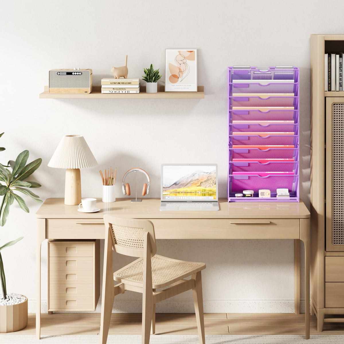 Lavatino Hanging Wall File Folders Organizer - 10-Tier Purple Metal Mesh Paper Magazine Document Mail Holder File Organizer for Office School Home Wall Mount or Desk Supplies Organization
