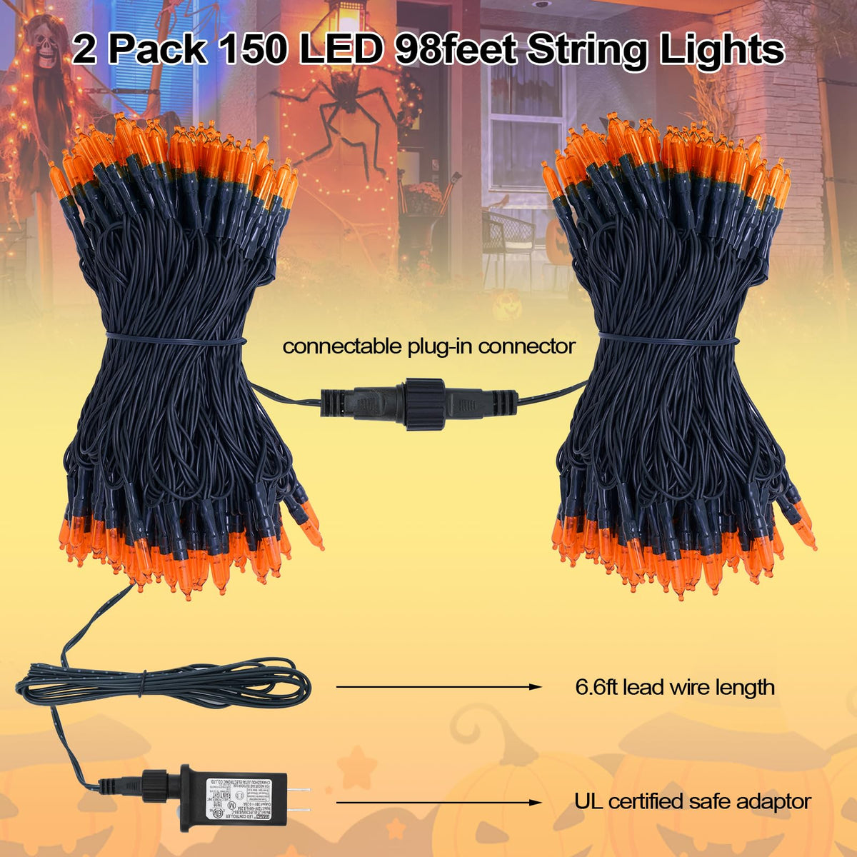 ILLUMINEW Orange Halloween Lights, 2 Pack 98ft 150 Count String Lights, Plug-in Waterproof Fall Lights for Spooky Halloween Yard Party Decor (Orange, 150 Count - 2 Pack)