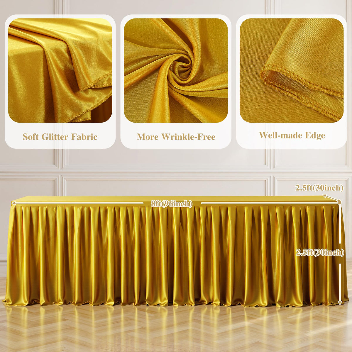 8FT Gold Satin Tablecloths for Rectangle Tables - Shiny Spandex Party Table Cover with Pleated Table Skirt, No-Wrinkle & Glossy Wedding Tablecloth One-Piece for Birthday Baby Shower Banquet Ceremony