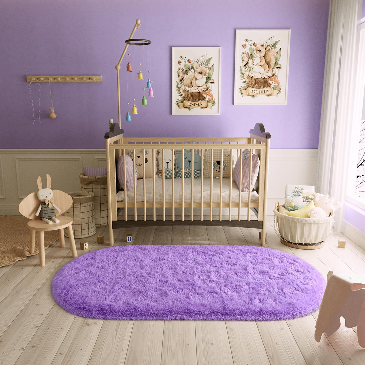 LOCHAS Bedroom Rug 2.6' x 5.3', Purple Fluffy Shaggy Area Rug for Bedroom Bedside, Soft Oval Throw Rugs Carpet for Kids Girls Nursery Living Room Home Decor