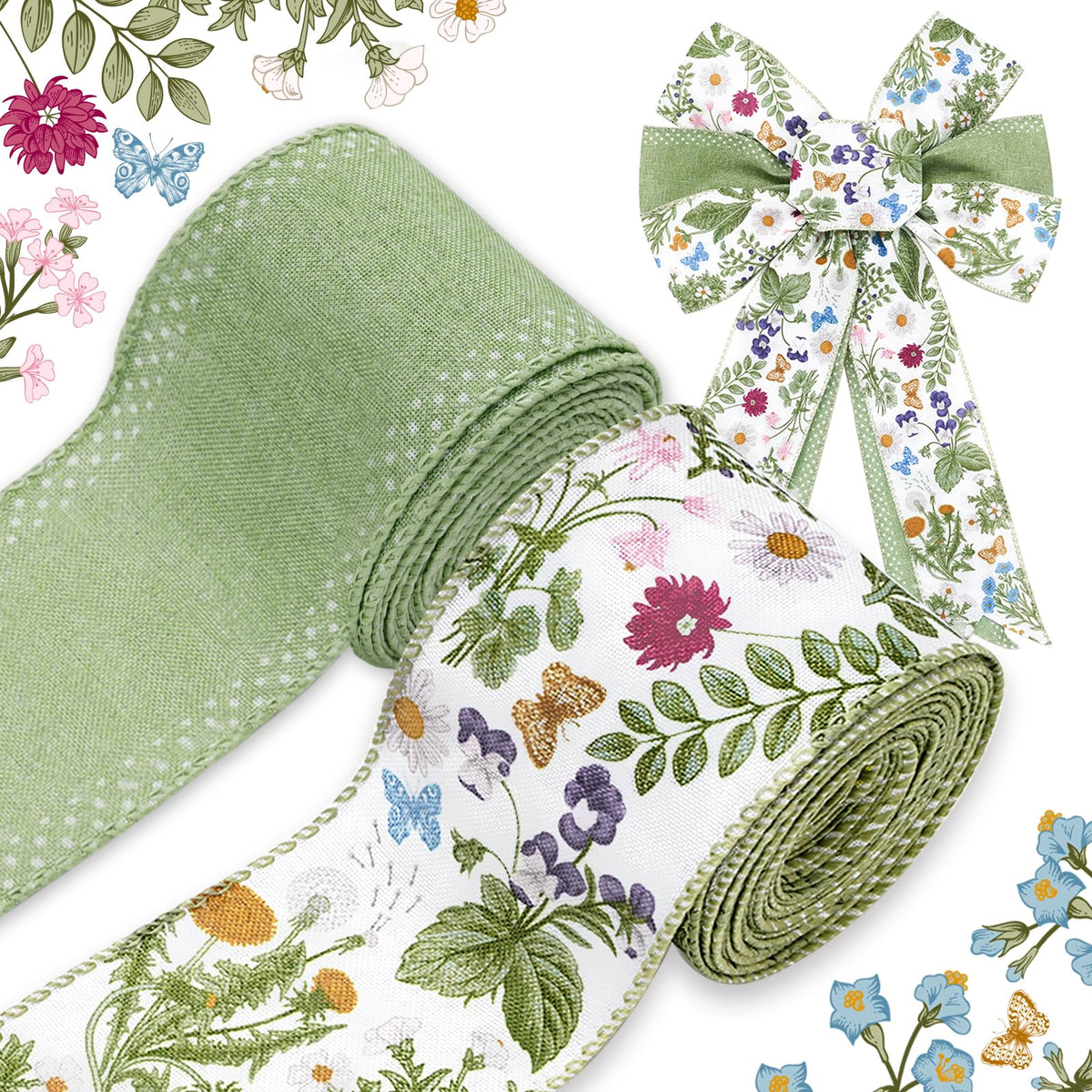JarThenaAMCS Green Wildflowers Wired Edge Ribbon Retro Wild Floral Craft Ribbon Summer Fabric Ribbon for Spring Wreath Bow Making DIY Wrapping Party Decor Supplies, 2 Rolls, 20 Yard
