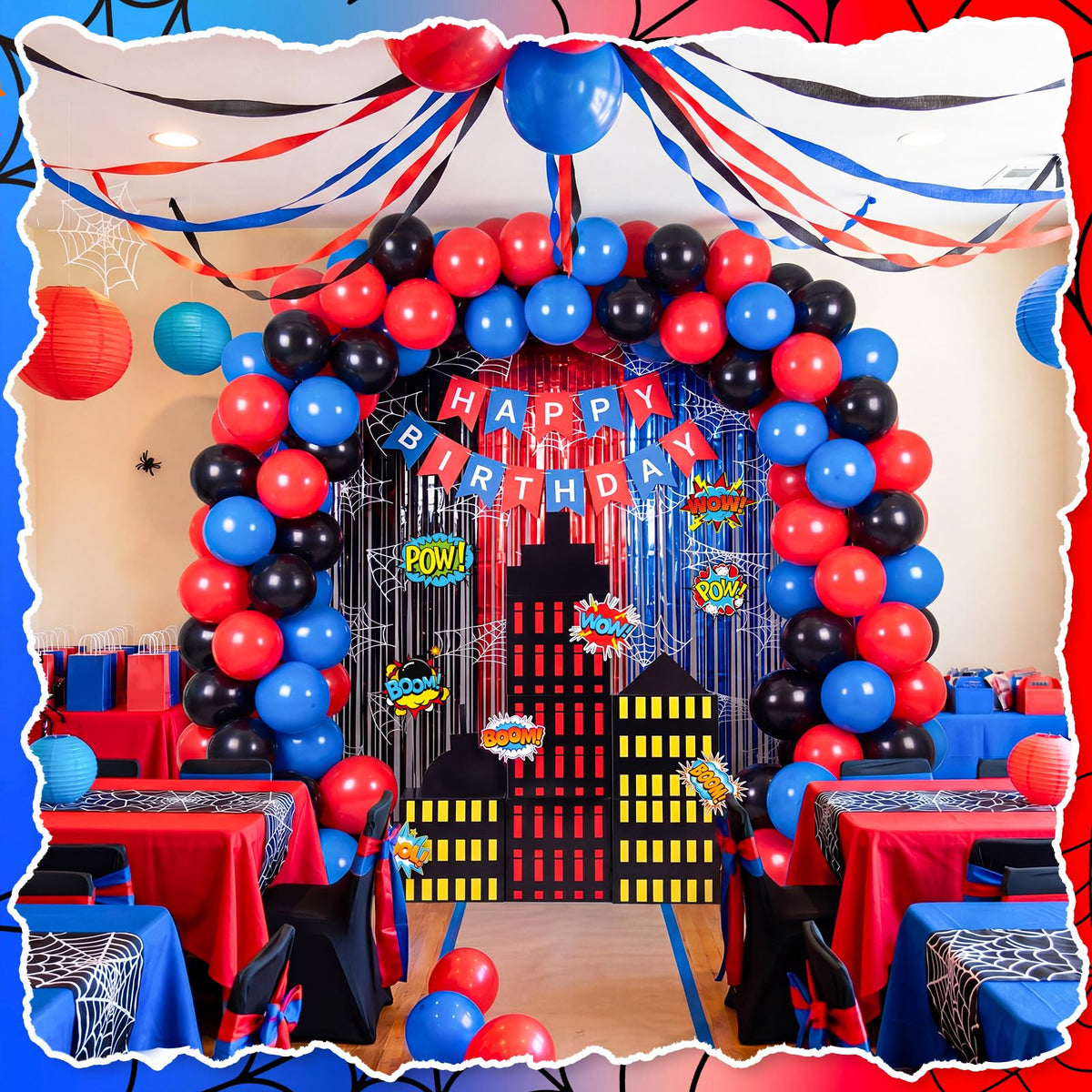 Sliner 47 Pcs Spider Web Birthday Decorations, Tinsel Foil Fringe Curtains Balloons Skyscraper City Boxes set, Spider Party Supplies Red Black Blue Photo Booth Prop Backdrop Streamer, Backdrop Decor