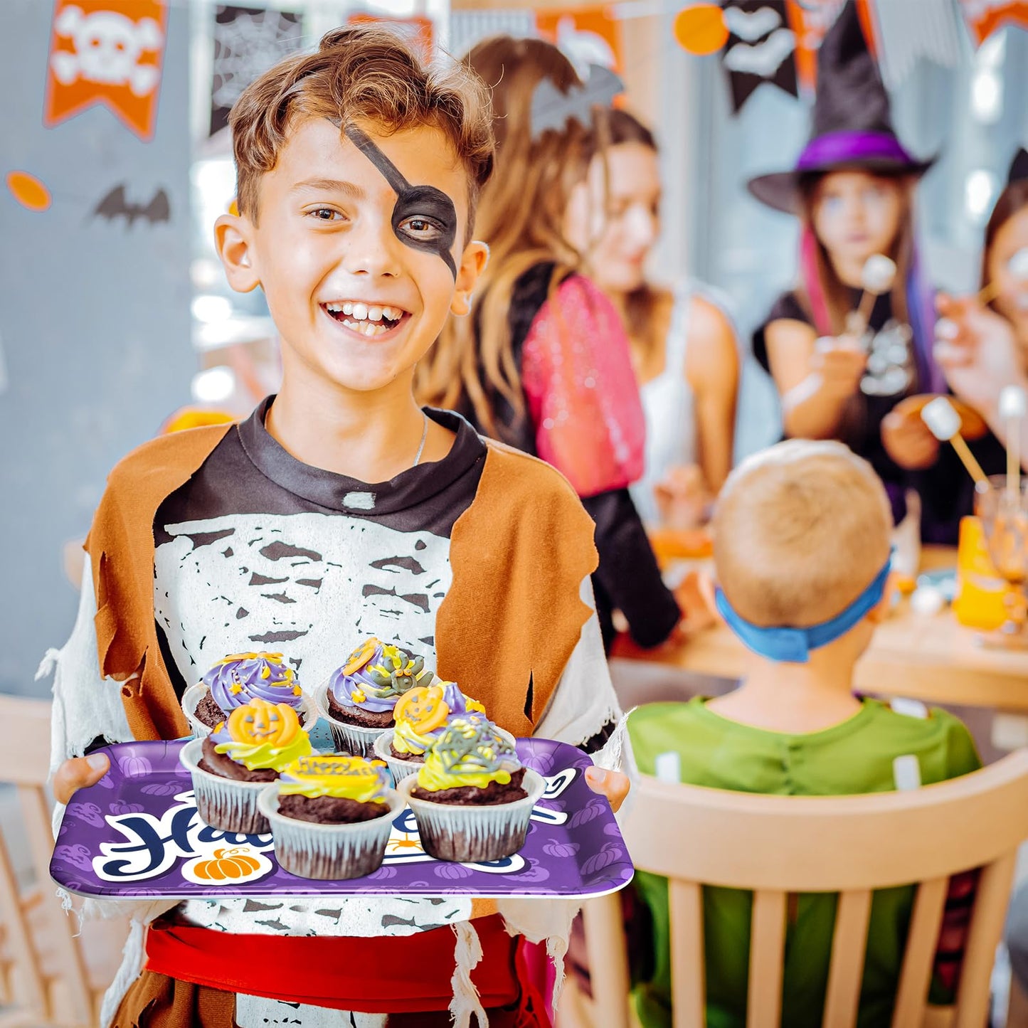 Zubebe 3 Pcs 13 x 10 Inch Halloween Serving Tray, Reusable Serving Dishes, Black Orange Purple Platter, Pumpkin Bat Witch Hat Trays, Snacks Fruit Dessert Candy Holder Dishes for Halloween Party