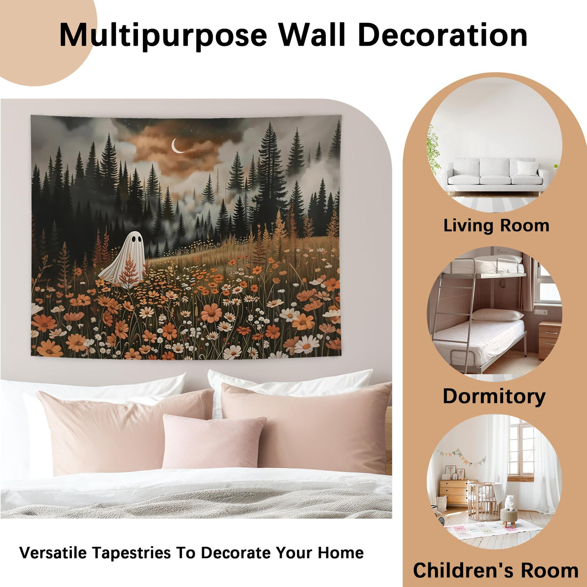 NATSUNO Halloween Tapestry, Halloween Spooky Ghost Wall Tapestry for Bedroom, Whimsical Enchanted Forest Flower Ghost Tapestries Wall Hanging for Home Living Room Decor, 50x60 Inches