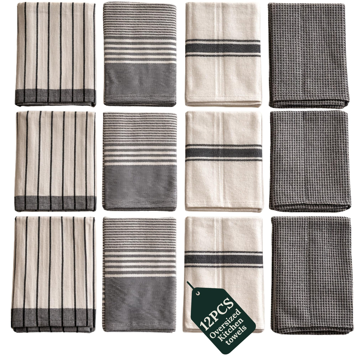 CLOUDSCAPE Kitchen Towels, Set of 12, Premium Cotton Dish Towels for Kitchen, 18" x 28" Oversized Hand Towel, Quick Absorbent & Drying Tea Towel with Hanging Loop - Grey