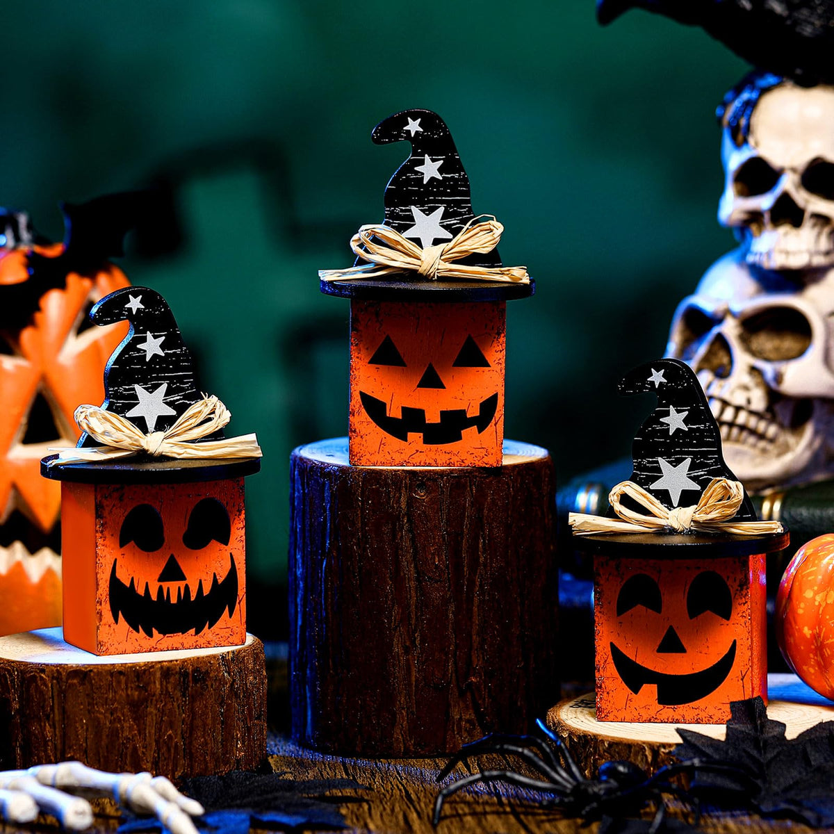 Amyhill 3 Pcs Halloween Ghost Table Decor Pumpkin Witch Hat Wooden Sign Small Halloween Tiered Tray Decor Black and Orange Spooky Pumpkin Face Tabletop Centerpieces for Home Mantel Shelf Office Desk