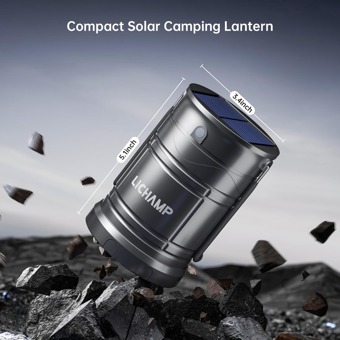 Lichamp Solar Camping Lantern, USB Rechargeable LED, 3 Modes, Dark Gray, Model CLS-K001GH
