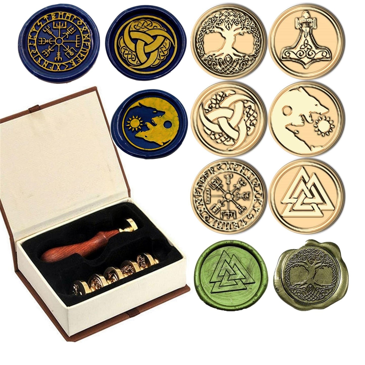 6PCS Viking Rune Wax Seal Stamp, Viking Vegvisir Valknut Tree of Life Sealing Wax Stamp with Wooden Handle, Vintage Brass Stamp for Wedding Invitation, Gift Wrap, Envelopes, Christmas Card (A1)