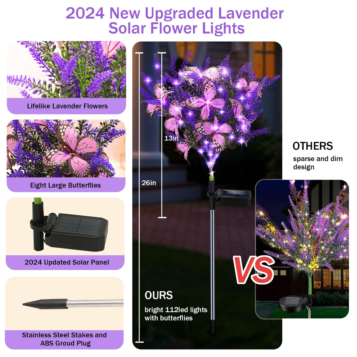 Kohlrabi Solar Garden Lights Outdoor, 2 Pack Purple Lavender Solar Butterfly Lights Gardening Gifts for Women,Artificial Flowers Light Purple Halloween Garden Decor for Patio Yard Lawn Christmas
