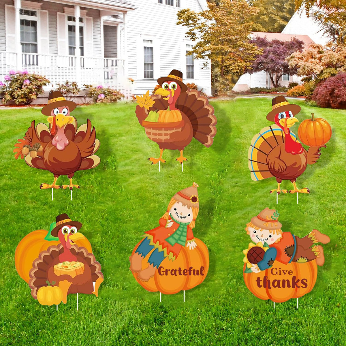 Thanksgiving Yard Sign with Stakes, Fall Scarecrow Pumpkin Turkey Outdoor Decorations Harvest Lawn Signs for Autumn Home Outside Decor