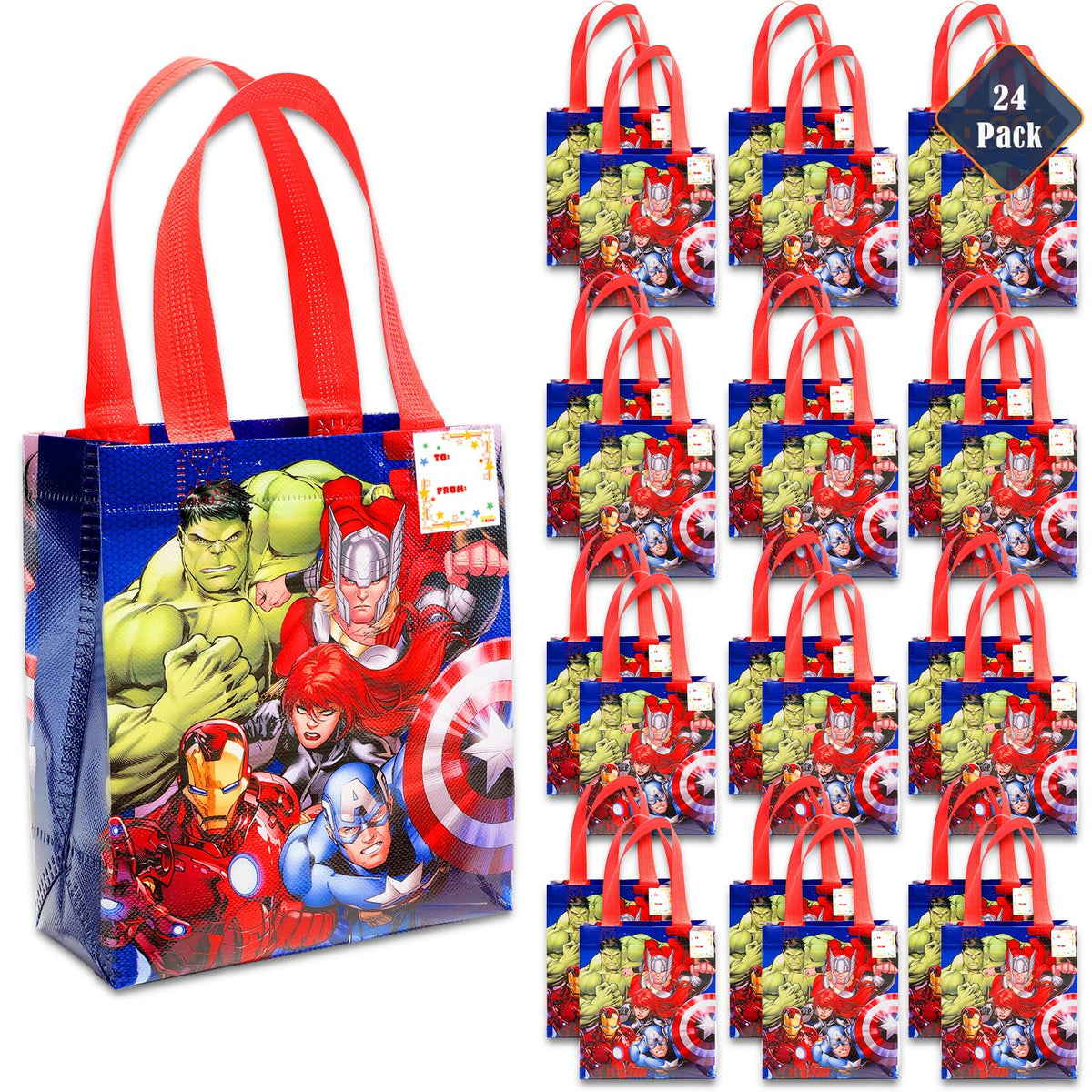 Marvel Avengers Party Favor Bags Set – 24 Pack of 8" Avengers Party Goodie Bags for Kids Bulk Reusable Totes | Marvel Avengers Birthday Party Supplies