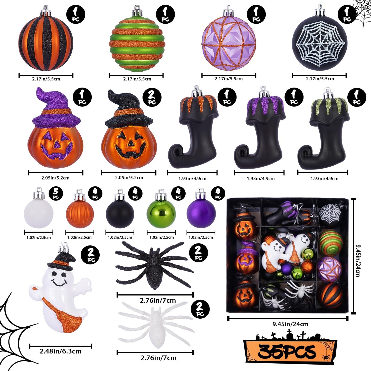 Fashlits Halloween Ball Ornaments Set, Shatterproof Halloween Tree Decorations Cute Pumpkim Ghost Spider Hanging Ornaments for Holiday Party Indoor Home Decor (35Pcs)