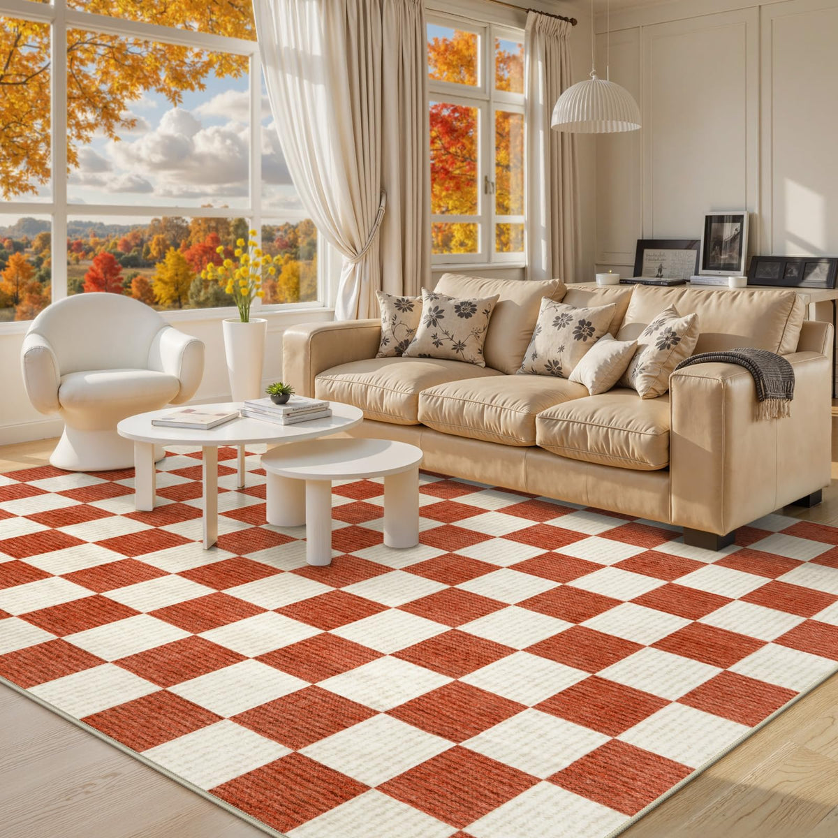 Machine Washable 5x7 Area Rugs for Living Room Checkered, Non Slip Soft Low Pile Farmhouse Halloween Modern Neutral Playroom Boys Rugs for Bedroom, Large Carpet Rugs for Dining Room(Orange,5'x7')