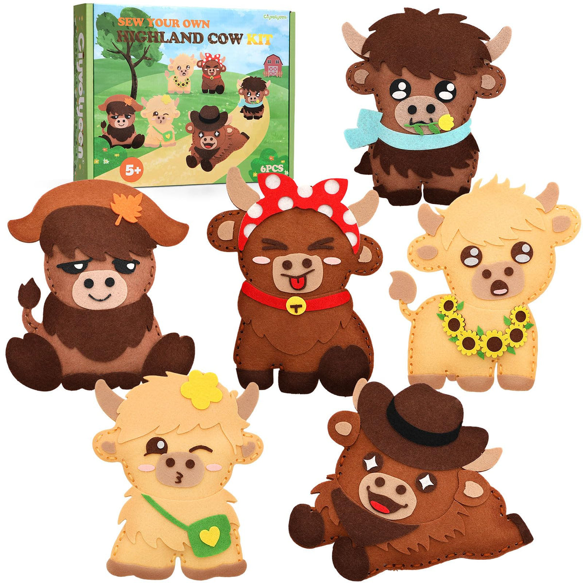 CiyvoLyeen Highland Cow Sewing Kit for Kids - Age 5 6 7 8 9 10 11 12, Beginners First Sewing Arts & Crafts with 6 PCS Stuffed Animal, All-in-One Kit, Learn to Sew Gifts Stuff for Girls Boys, Felt