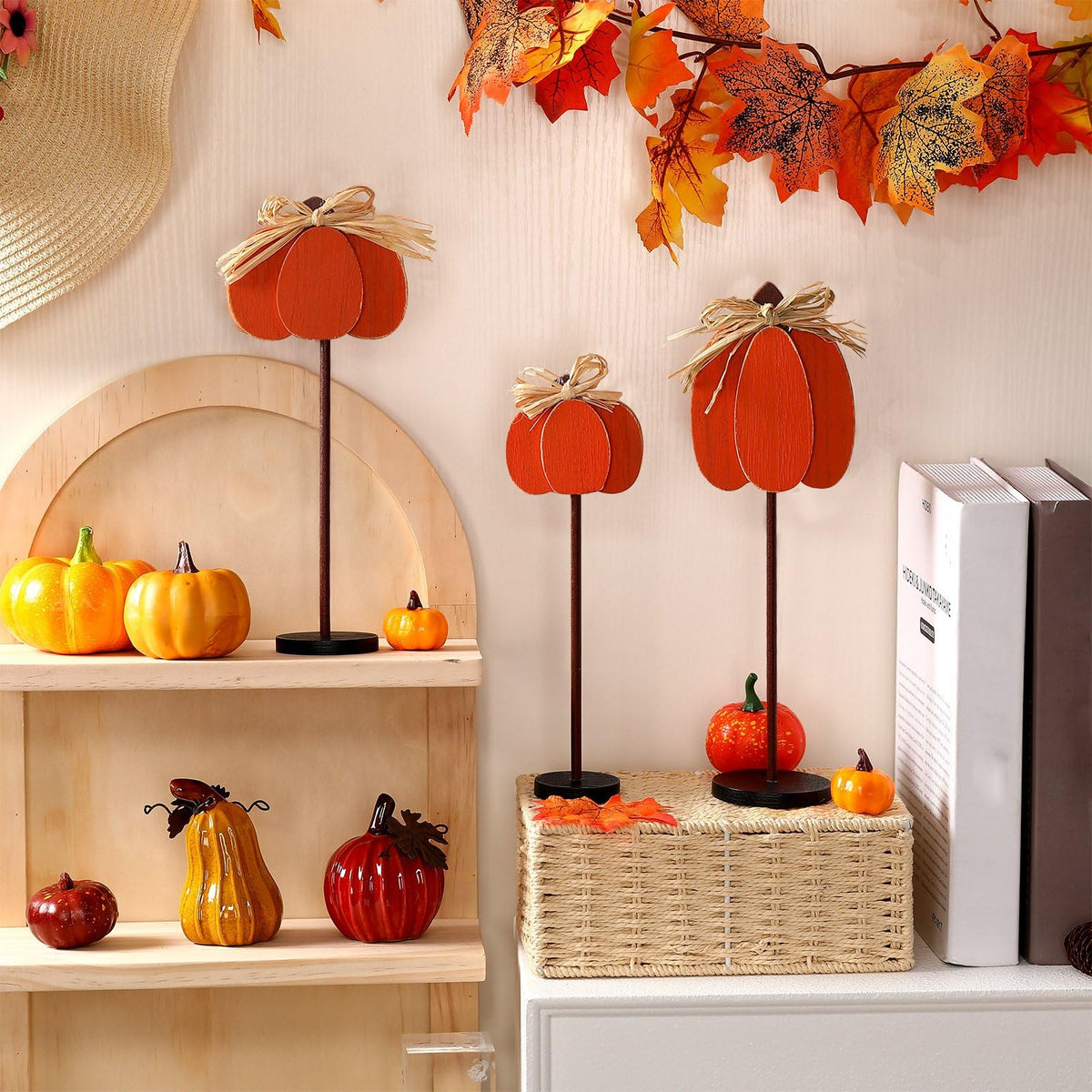 Thyle 3 Pcs Thanksgiving Pumpkin Table Centerpieces Wood Harvest Table Decorations for Home Standing Block Tall Sign with Bow for Home Decor(Orange)