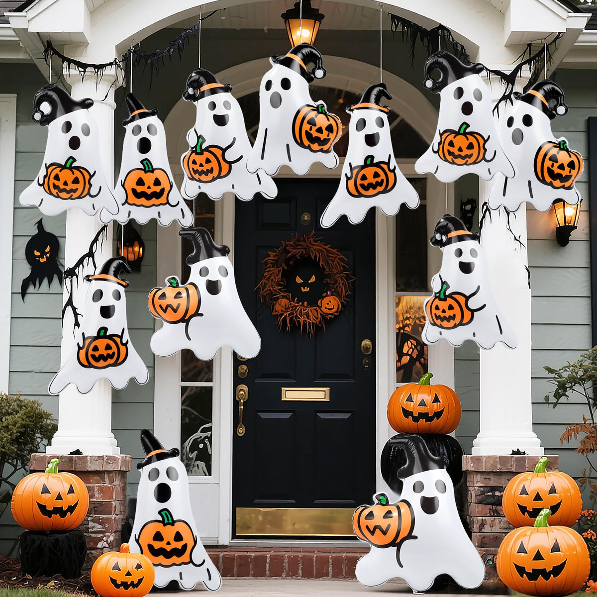 Larber 12 Packs 16 Inches Halloween Inflatable Ghost Outdoor Decorations PVC Inflatable Hanging Ghost Ornaments Blow Up Ghost for Halloween Party Yard Garden Outdoor Decoration