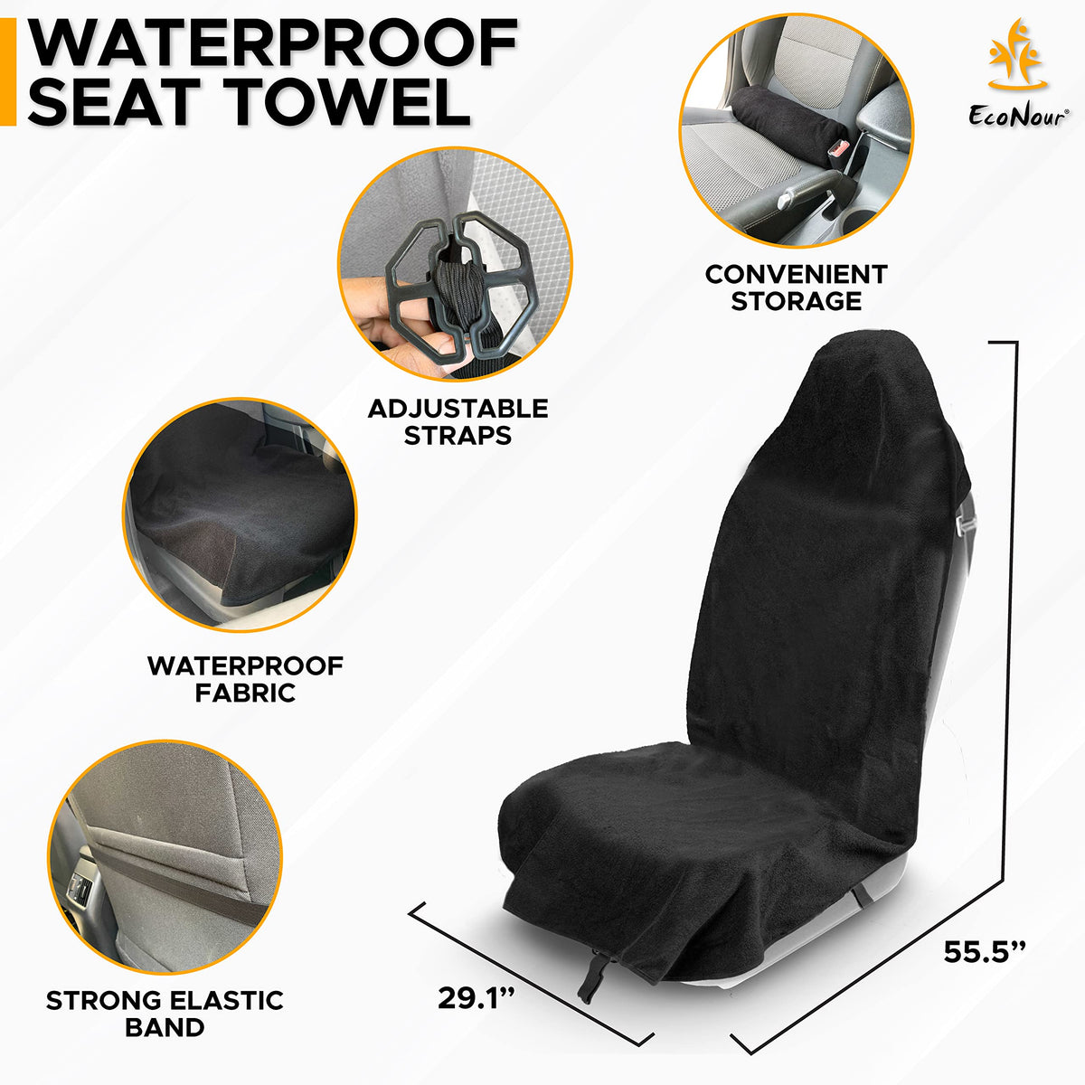 EcoNour Car Seat Cover Sweat Towel – Waterproof Universal Seat Protector for Gym, Workout, Swimming, Camping & Dog Travel – Washable Car Seat Cover for Cars, Trucks, SUVs & Vans – Black 29" x 55.5"