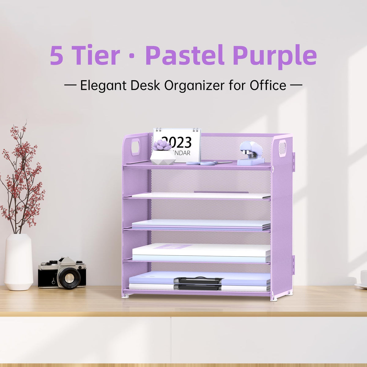 2 Pack 5-Tier Purple Desk Organizer with Handle Mesh Desk File/Paper Organizer Letter Tray for Office, School and Home Easy Installation Purple Office Supplies