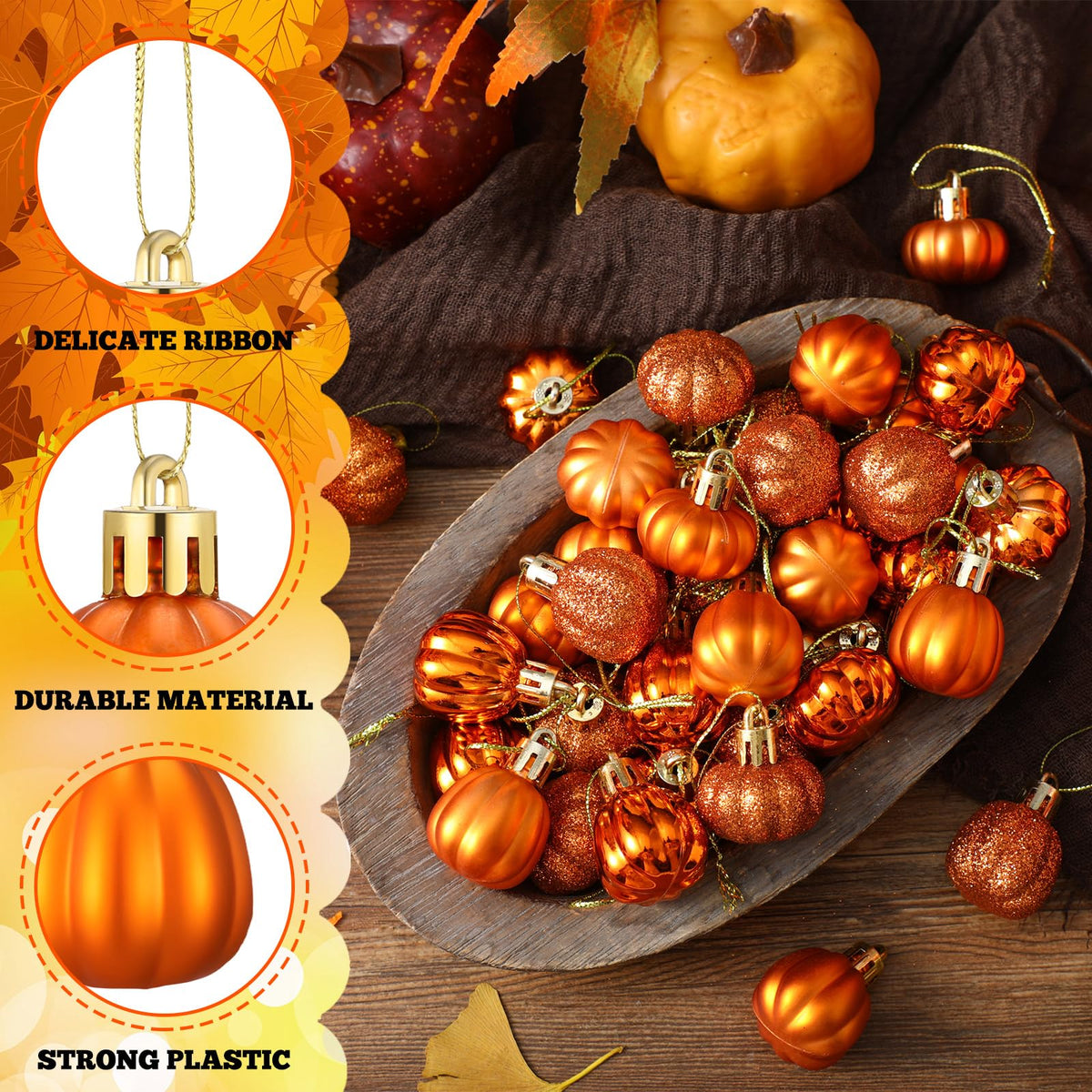 60 Pcs Fall Pumpkin Hanging Ornaments Fall Mini Pumpkin Ball Ornaments Thanksgiving Tree Hanging Decorations for Autumn Thanksgiving Harvest Small Tree Home Decor, 6 Styles