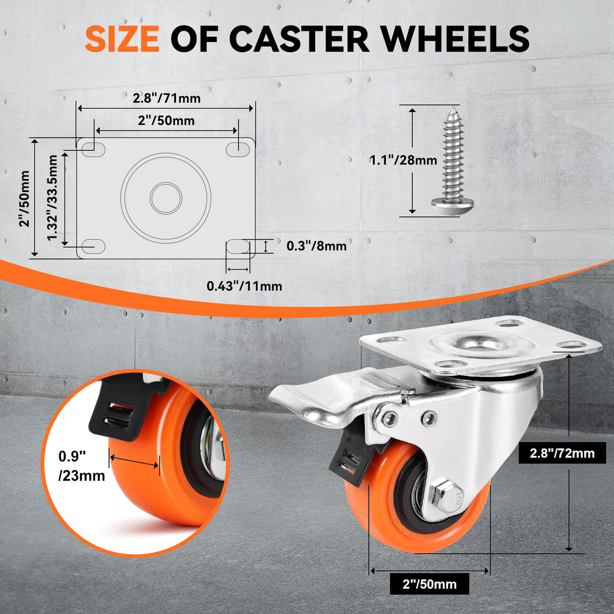 WBD 2" Plate Caster Wheels Set of 8, Heavy Duty Casters with Brake, 1200 Lbs, Safety Dual Locking, Industrial Swivel Top Plate Casters Wheels for Furniture, Carts (Screws and Screwdriver)