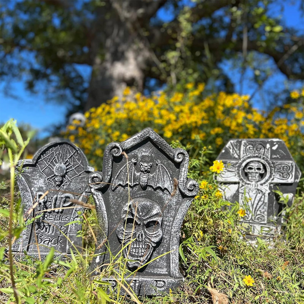 17" Foam Tombstones – Halloween Headstones Outdoor Decorations – RIP Graveyard Stones for Yard Cemetery Lawn Decor – Set of 3