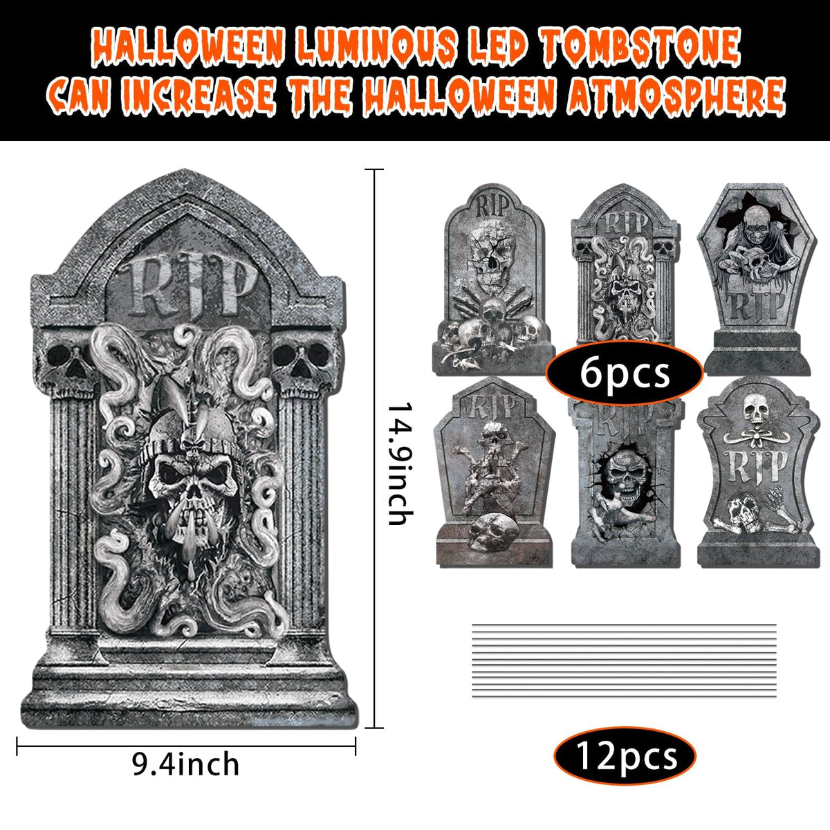 Halloween Decorations Tombstones Yard Sign,6Pcs Luminous Rip Halloween Gravestones With 13.7'' Stake Large Graveyard Glow In The Dark Headstone Signs For Outdoor Yard Lawn Garden Cemetery Scary Decor