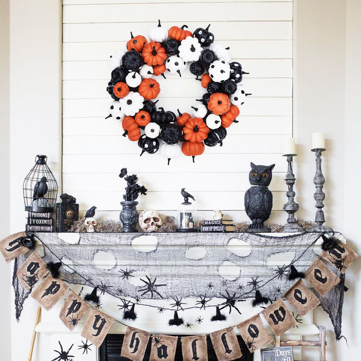 GarveeHome Halloween Pumpkin Wreath for Front Door, 18 in Fall Farmhouse Wreath with Orange, Black and White Pumpkins, Rattan Bottom Halloween Indoor Outdoor Home Party Decor